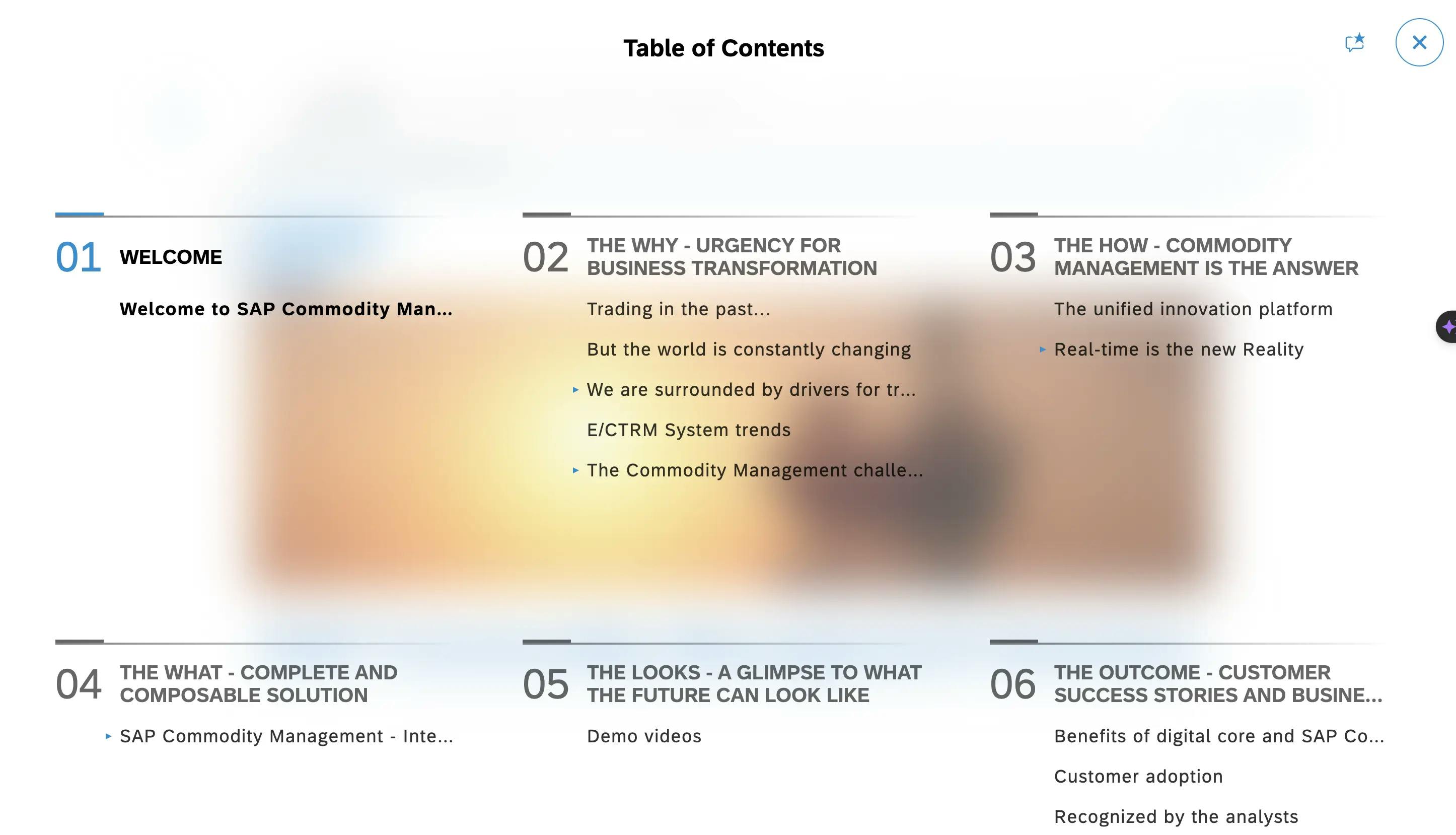 Table of contents view where users can directly navigate to a slide.